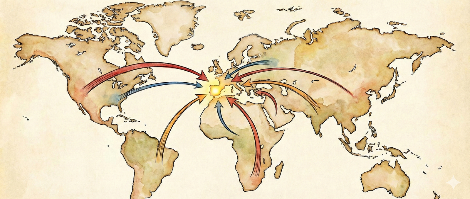 Mapa mundi con flechas convergiendo en España para servicios de extranjería e inmigración de PÉREZ OLIVA | Abogados Penalistas