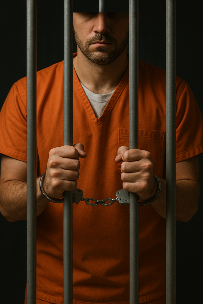 Primer plano de persona esposada tras las rejas para servicios de derecho penitenciario en Pérez Oliva Abogados Penalistas