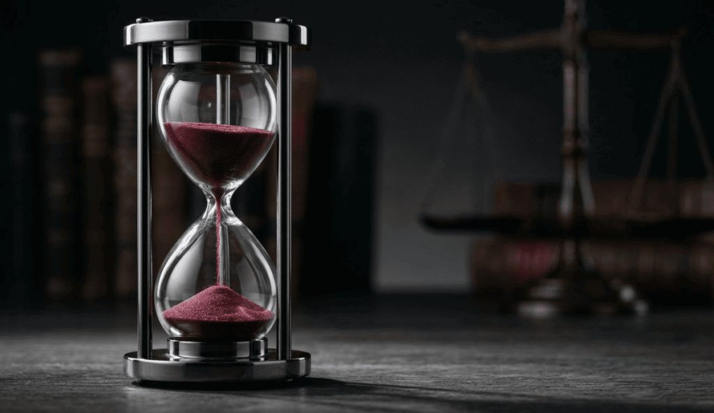 Reloj de arena y balanza de la justicia simbolizando la urgencia y excelencia técnica de un abogado especialista en violencia de género en España.