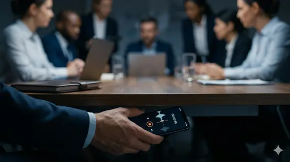 Primer plano de una mano sosteniendo clandestinamente un smartphone bajo una mesa de madera, con la pantalla mostrando una grabación de voz activa con forma de onda de audio en una reunión borrosa, ilustrando el acto de grabar una conversación sin consentimiento.
