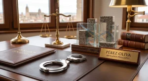 Escritorio de Pérez Oliva Abogados Penalistas con esposas policiales, balanza de la justicia y código penal, representando la defensa legal en una detención policial en España.
