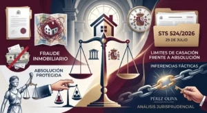 Infografía conceptual de Pérez Oliva Abogados Penalistas para el blog, analizando la STS 524/2026 del Tribunal Supremo sobre fraude inmobiliario, límites de casación frente a absolución y defensa penal especializada.